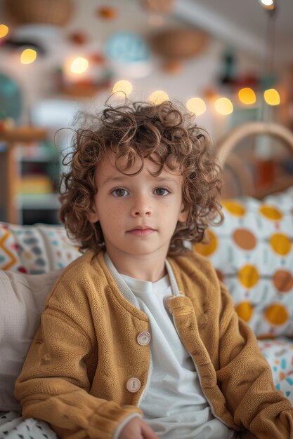 Een schattige jongen met krullend haar die naar de camera kijkt in de speelkamer thuis Concept van onschuld in de kindertijd