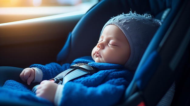 Een schattige jongen slaapt in een autozitje.