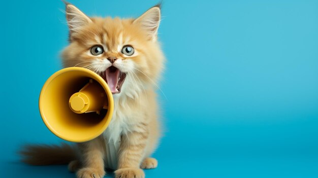 Foto een schattige kat die een gele luidspreker vasthoudt en energiek aankondigingen doet tegen een achtergrond