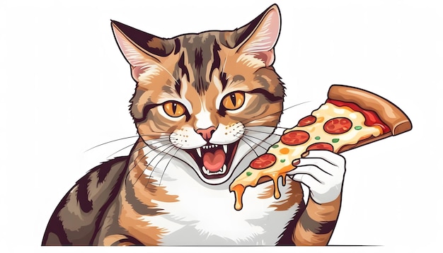 Foto een schattige kat die een stukje pizza eet.