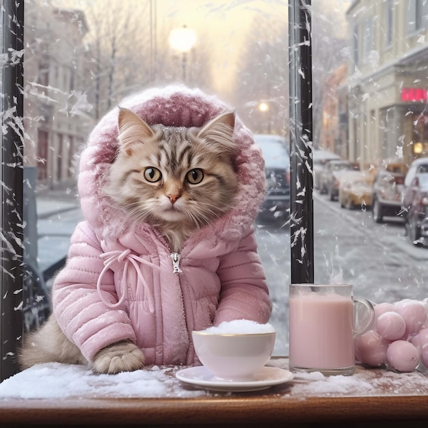 Foto een schattige kat die koffie drinkt met haar blauwe sjaal een computer gegenereerde fotomontage