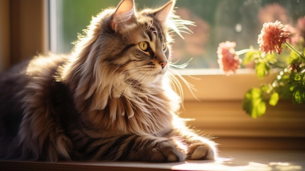 een schattige kat die op een zonnige vensterbank zit