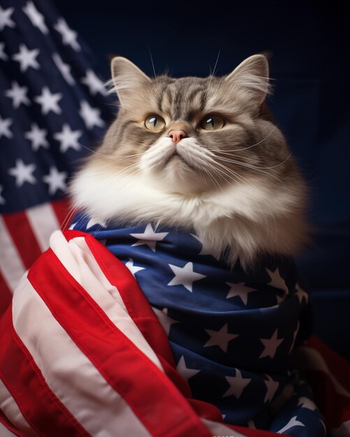 Een schattige kat gewikkeld in de Amerikaanse vlag.