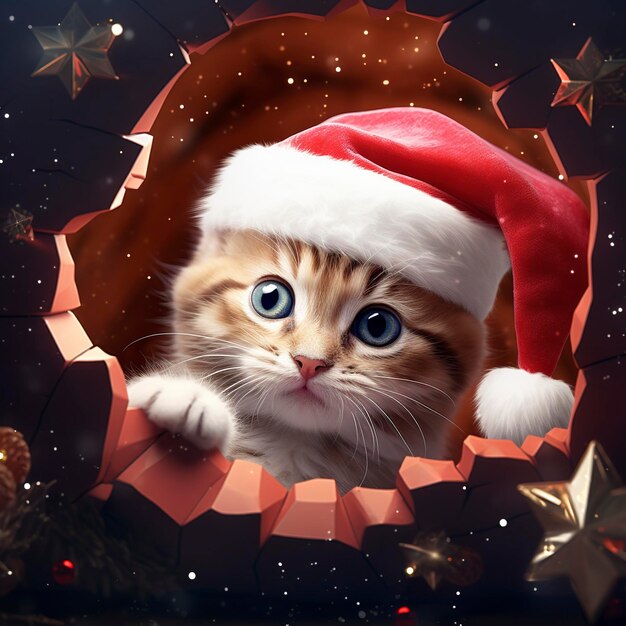 Een schattige kat in een rode hoed kijkt door een papieren gat kerstthema daz3d stijl feestelijke sfeer