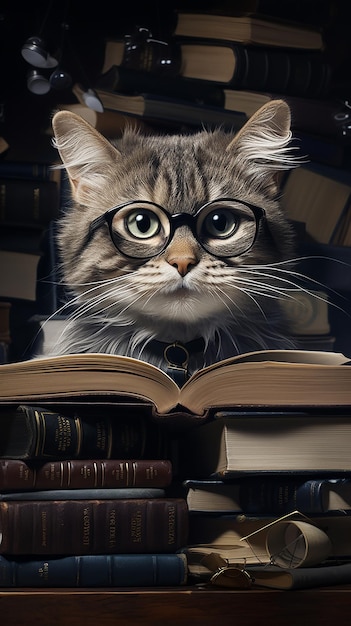 Een schattige kat met een bril leest boeken