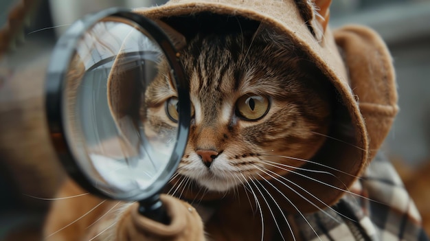 Foto een schattige kat met een bruine hoed en jas kijkt door een vergrootglas