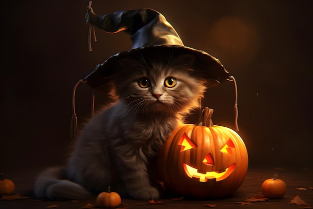 Een schattige kat met een heksenhoed die halloween pompoen fantasie kunst vasthoudt