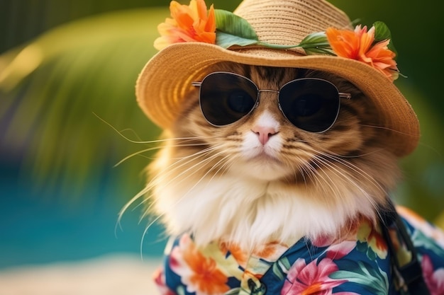 Een schattige kat met een hoed met een zonnebril en een Hawaiiaanse jurk poseert gelukkig