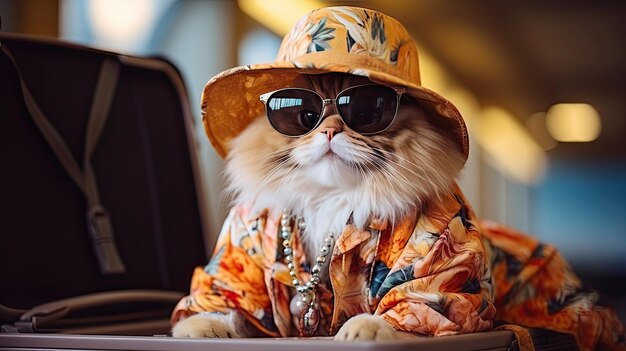 Foto een schattige kat met een zonnebril en een hoed.