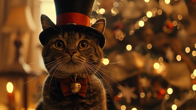 Foto een schattige kat met een zwarte hoed met een rood lint en een bel zit voor een wazige achtergrond van kerstverlichting