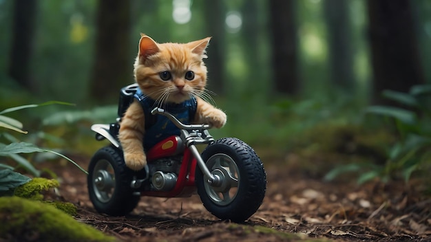 Een schattige kat zwerft in de jungle op een mini-fiets.