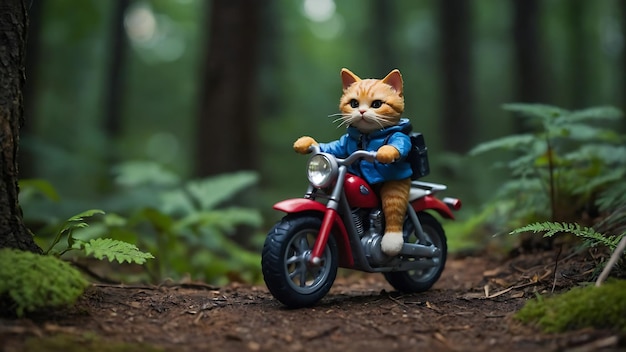 Een schattige kat zwerft in de jungle op een mini-fiets.