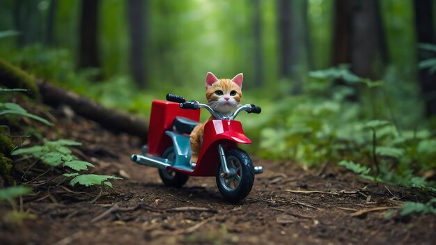 Een schattige kat zwerft in de jungle op een mini-fiets.