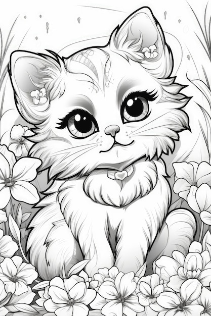 Een schattige kawaii kat voor het kleuren van boek bloemrijke achtergrond Generatieve AI