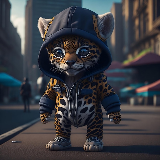 Een schattige Kawaii kleine hyperrealistische babykat met hiphop kleding stadsachtergrond