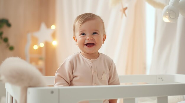 Een schattige kleine 12-jarige baby met blond haar staat in een wieg en lacht Gelukkige jeugd Kids39s emoties