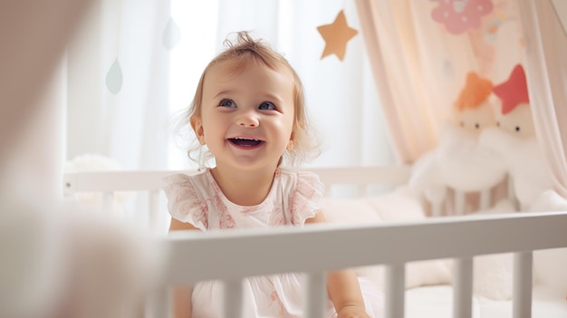 Een schattige kleine 12-jarige baby met blond haar staat in een wieg en lacht Gelukkige jeugd Kids39s emoties