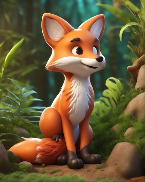 Een schattige kleine 3D vos cartoon geïsoleerd op een wazige jungle achtergrond