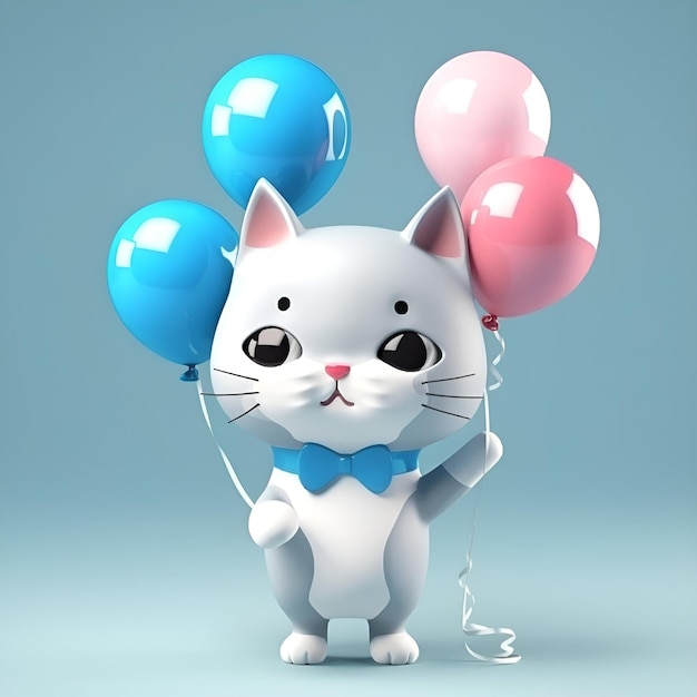Een schattige kleine grijze kat houdt ballonnen vast op een pastelblauwe achtergrond Verjaardagskaart Door AI gegenereerde inhoud