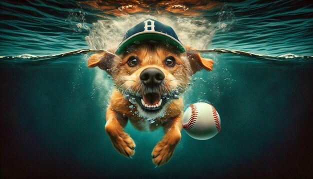 een schattige kleine hond met een pet probeert een honkbal uit het water te krijgen