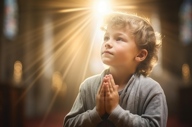 Een schattige kleine jongen bidt in de kerk.