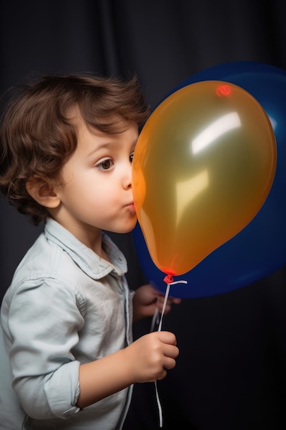 Een schattige kleine jongen die een ballon opblaast