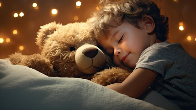 Foto een schattige kleine jongen knuffelt een grote zachte teddybeer