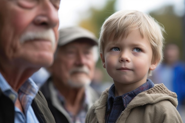 Een schattige kleine jongen met zijn vader op de achtergrond gemaakt met generatieve AI