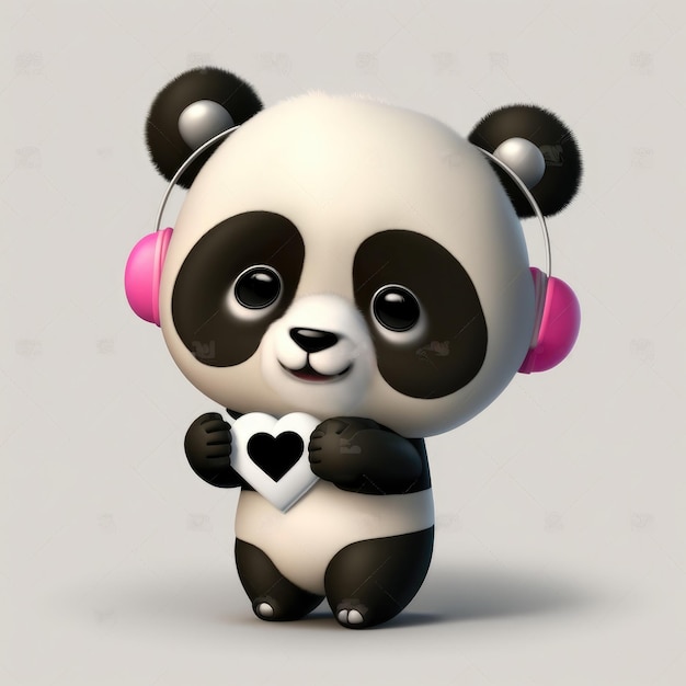 Een schattige kleine panda met roze koptelefoon op.