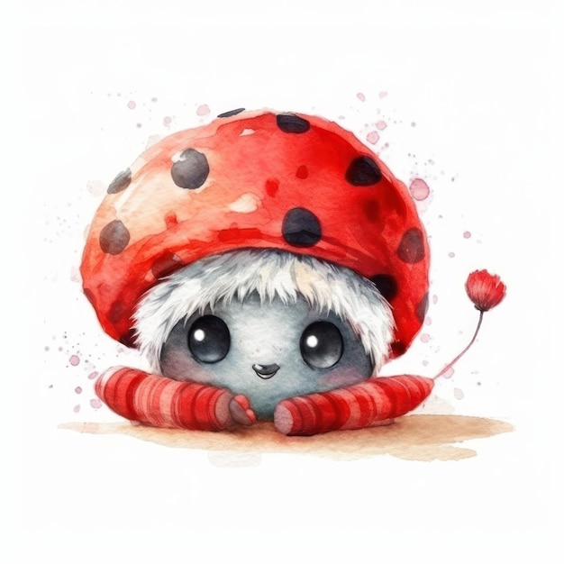 Een schattige kleine rode paddenstoel met een wit gezicht en een zwarte neus.