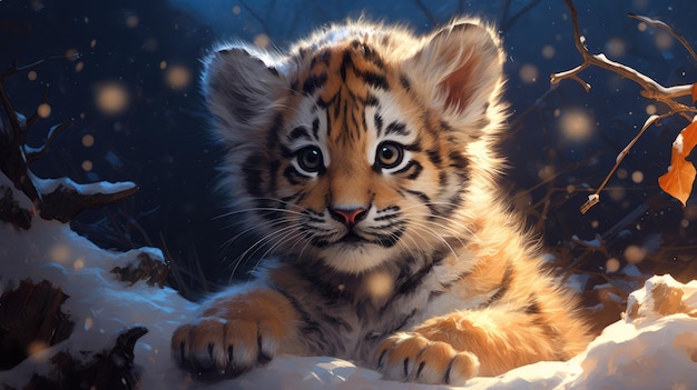 een schattige kleine tijger in de bosnachtsneeuw