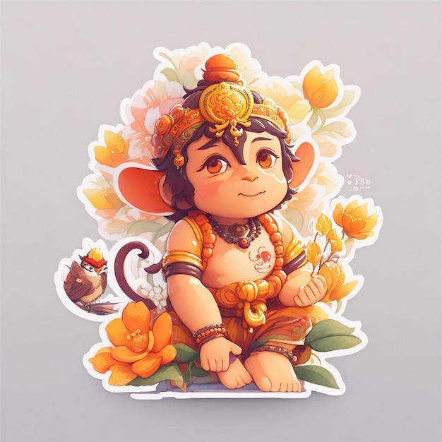 Een schattige Lord Hanuman sticker met bloemen