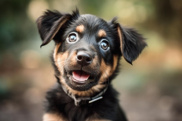 Een schattige mixed-breed puppy met een open mond die naar links kijkt.