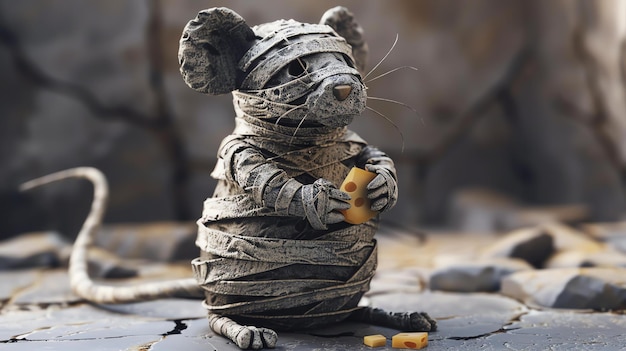 Foto een schattige muis eet een stuk kaas. de muis staat op een stenen plaat en is omringd door rotsen.