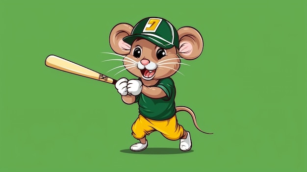 Een schattige muis Sports Mascot flat illustratie die een honkbaluniform draagt en honkbal speelt