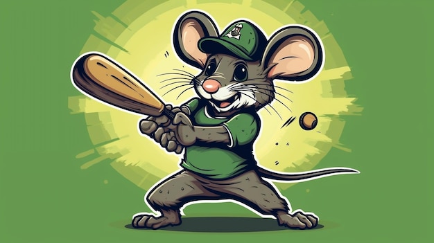 Foto een schattige muis sports mascot flat illustratie die een honkbaluniform draagt en honkbal speelt