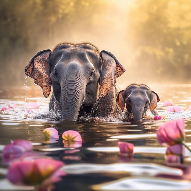 een schattige olifantenbaby in de rivier met lotusbloem