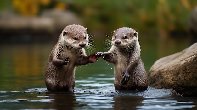 Een schattige otter hand in hand met zijn partner AI gegenereerd