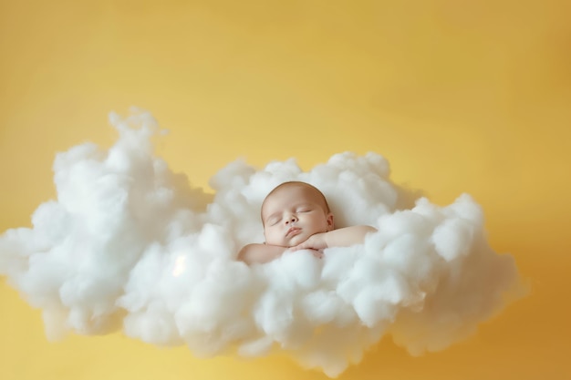 Een schattige pasgeboren baby die in de wolken slaapt als een kleine engel die op een gele achtergrond drijft.