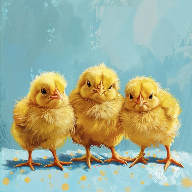 Een schattige pluizige gele kippen op een blauwe achtergrond