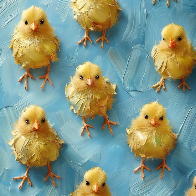 Een schattige pluizige gele kippen op een blauwe achtergrond