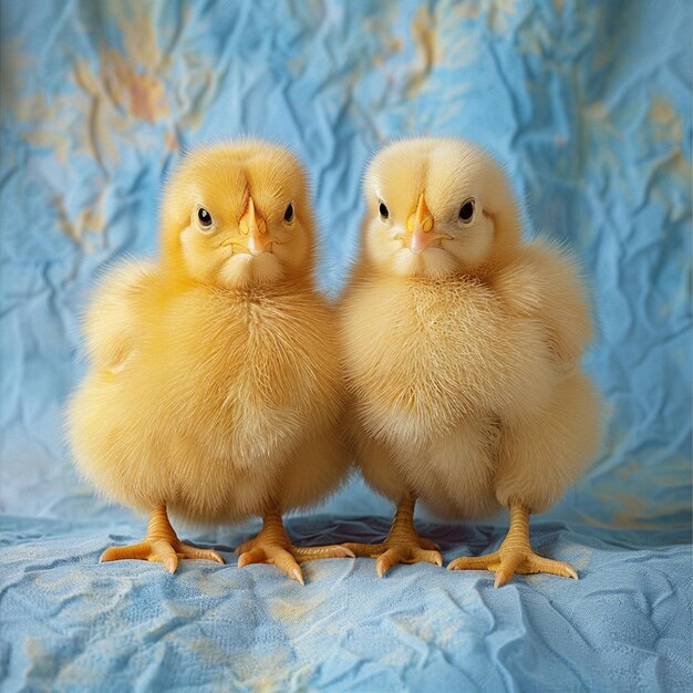 Een schattige pluizige gele kippen op een blauwe achtergrond