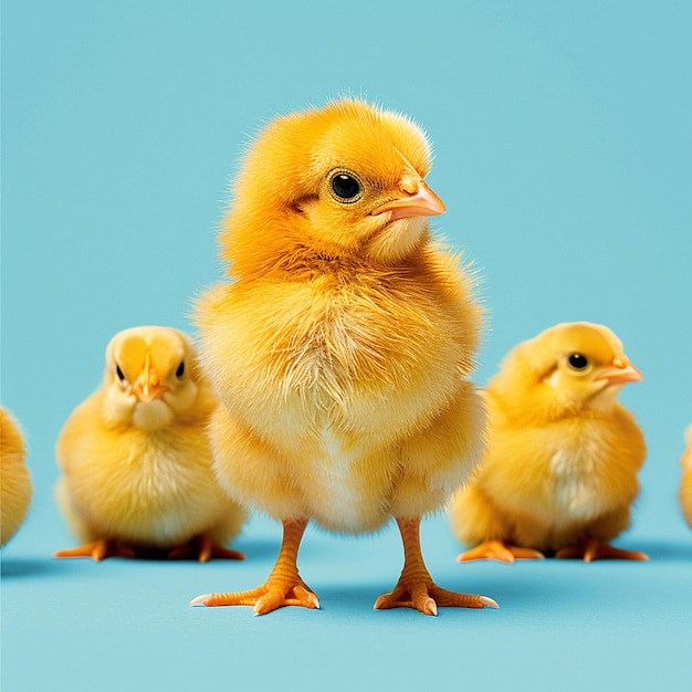 Een schattige pluizige gele kippen op een blauwe achtergrond.