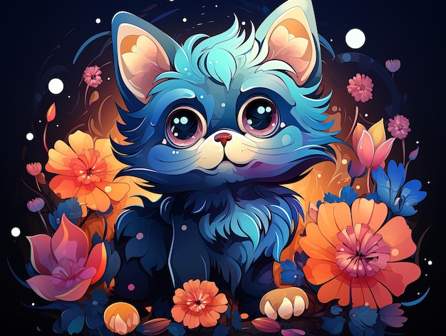 Een schattige poster of cartoon van een schattig blauw kitten met grote ogen die naar voren kijken