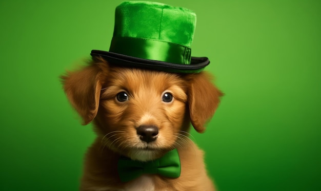 Foto een schattige puppy die een st. patrick's day kostuum draagt op een groene achtergrond.