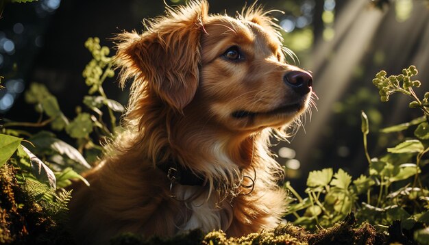 Foto een schattige puppy die in het gras zit en naar de camera kijkt die door ai is gegenereerd