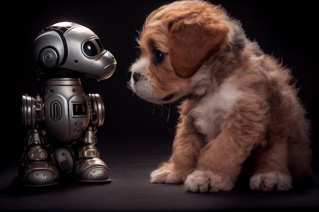 Een schattige puppy kijkt naar het speelgoed van de robot AI Generated