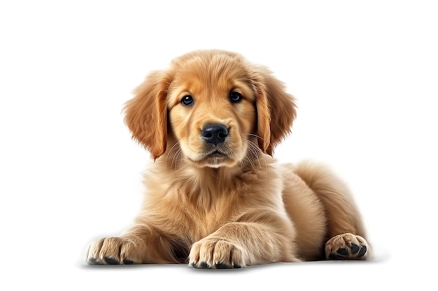 Een schattige puppy van een golden retriever ligt op een witte achtergrond AI gegenereerd