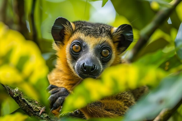 Een schattige ringstaartlemur kijkt van dichtbij door weelderige groene bladeren in een natuurlijke omgeving