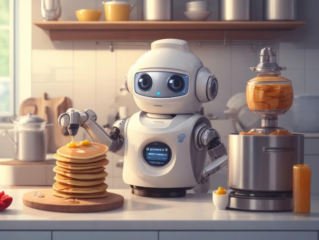 Foto een schattige robot chef-kok in een keuken die ijverig een stapel pannenkoeken bereidt met een charmante glimlach ai